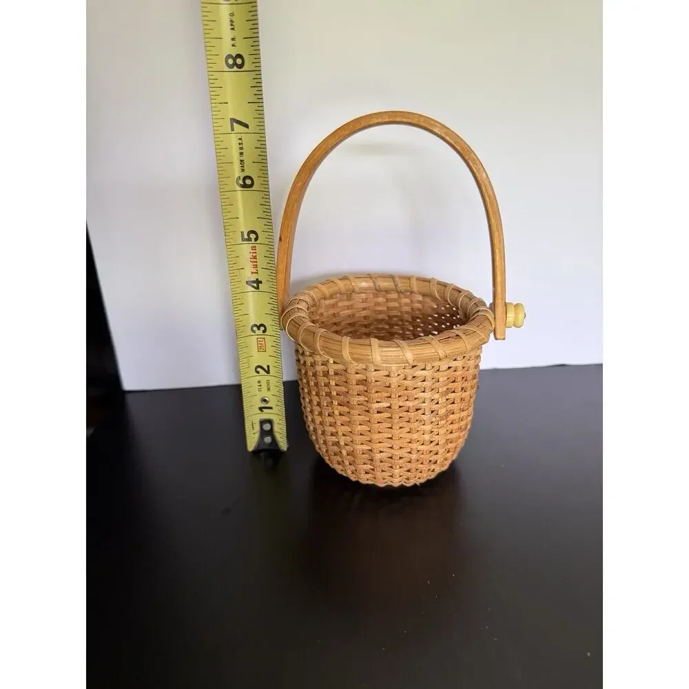 Nantucket Style Mini Swing Handle Basket Woven Wood Base Coastal Decor 3.57”H